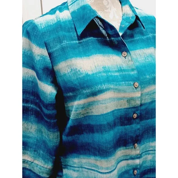 Allison Daley Button Up Women's Blue Wave Print Blouse Size 10 - Picture 5 of 7